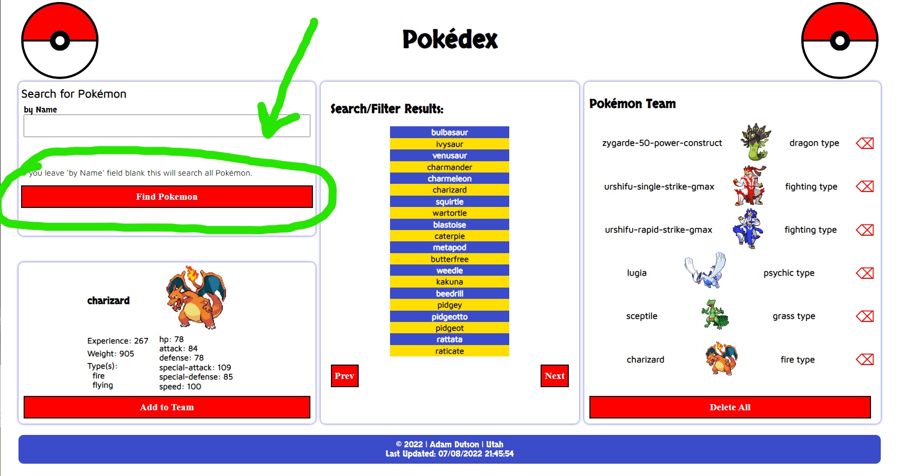 Pokedex application display
